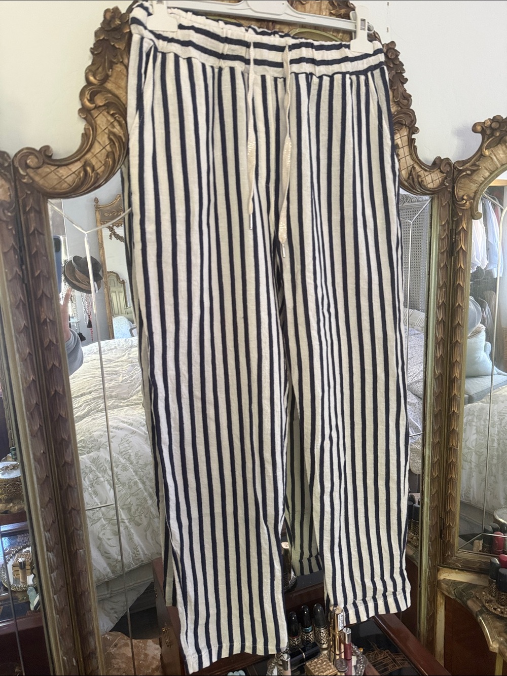 Striped Drawstring Lounge Pants - White & Navy